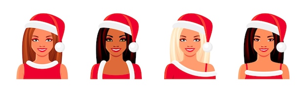 Christmas avatar set of smiling women. Asian, Indian and European girls wearing Santa Claus hats.