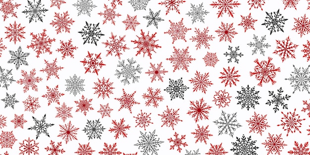 Christmas background of beautiful complex snowflakes in red gray and white colors Winter illustration with falling snow