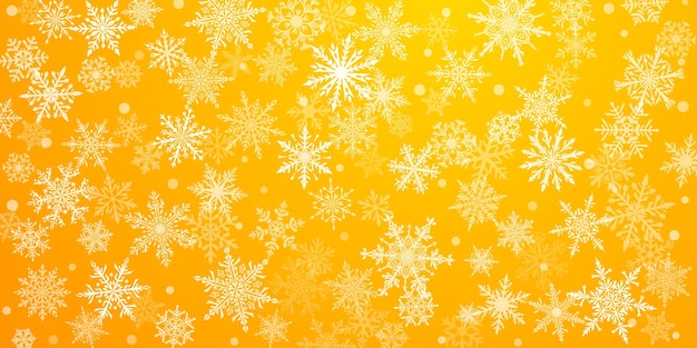 Christmas background of beautiful complex snowflakes in yellow colors Winter illustration with falling snow