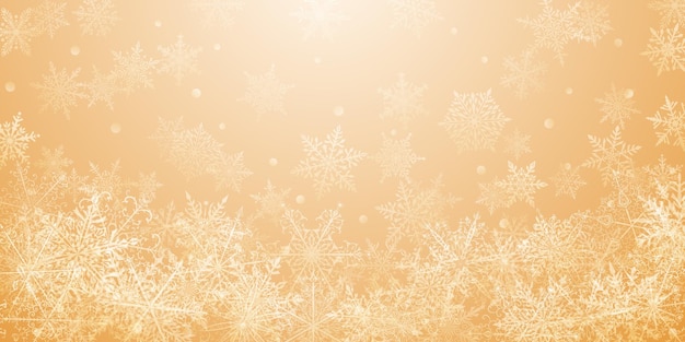 Christmas background of beautiful complex snowflakes in yellow colors Winter illustration with falling snow