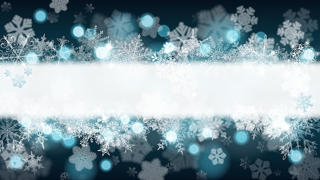 Christmas background of big and small snowflakes with a white horizontal centre stripe for inscriptions in dark blue colors