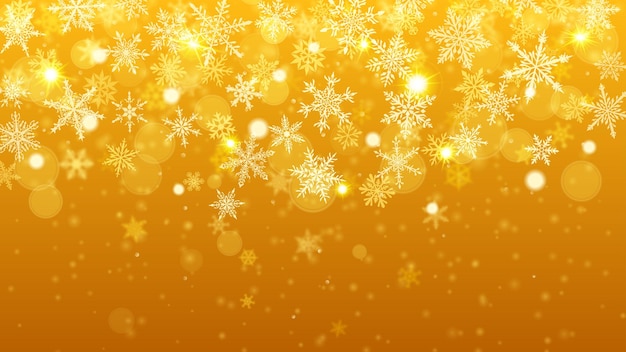 Christmas background of complex blurred and clear falling snowflakes in yellow colors with bokeh effect