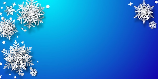 Christmas background of paper snowflakes with soft shadows, white on blue background