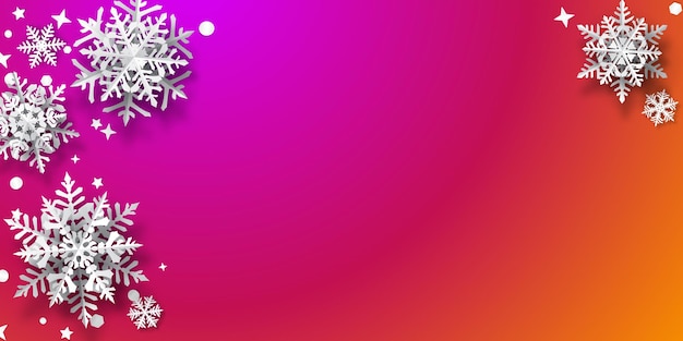 Christmas background of paper snowflakes with soft shadows, white on purple and orange background