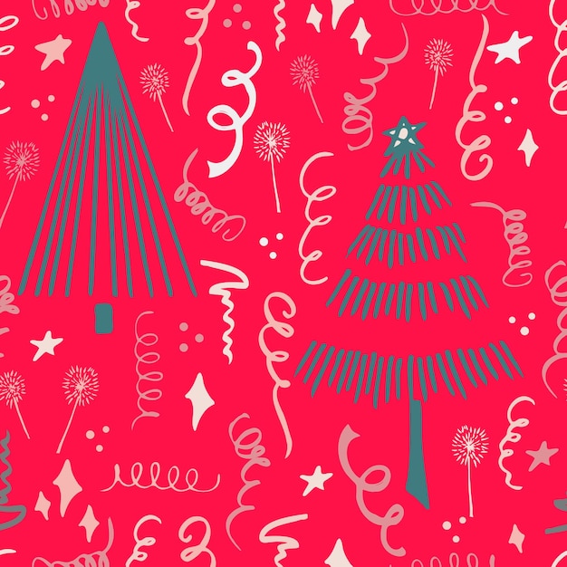 Christmas background party celebration vector seamless pattern stylized Christmas trees with confetti and sparklers Wallpaper for wrapping paper invitations paper and cards website backgrounds