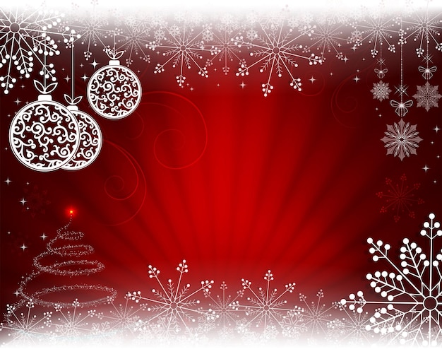 Christmas background in red with rays of light balls in retro style