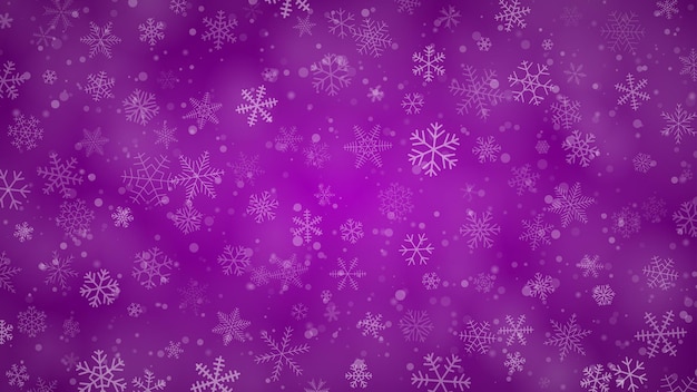 Christmas background of snowflakes of different shapes, sizes and transparency in purple colors