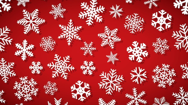 Christmas background of snowflakes of different shapes and sizes with shadows. White on red.