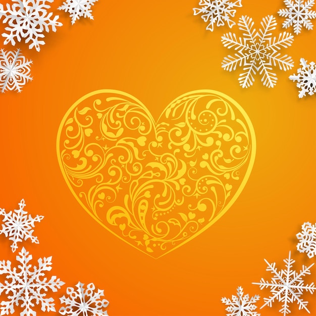 Christmas background with big heart and snowflakes on orange background