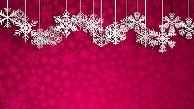 Christmas background with big white hanging snowflakes on red background of small snowflakes Christmas vector illustration of beautiful big and small snowflakes Snowflakes hanging down on the ropes