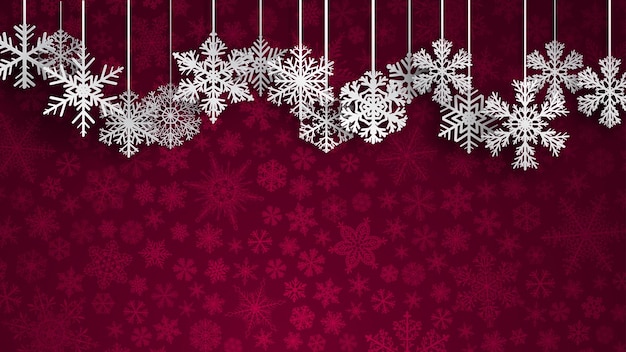 Christmas background with big white hanging snowflakes on red background of small snowflakes. Christmas vector illustration of beautiful big and small snowflakes. Snowflakes, hanging down on the ropes