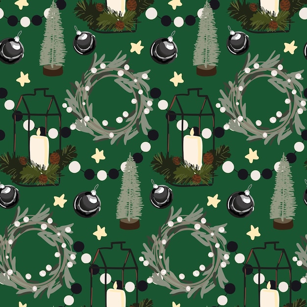 Christmas background with candels christmas tree and vintage items For greeting cards wrapping papers