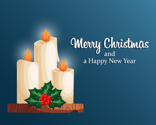 Christmas background with candles, holly, berries and greeting text. Banner, poster, vector