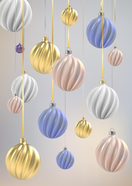 Christmas background with Christmas balls of nacre pink, gold and blue, a spiral balls on a color vertical background.