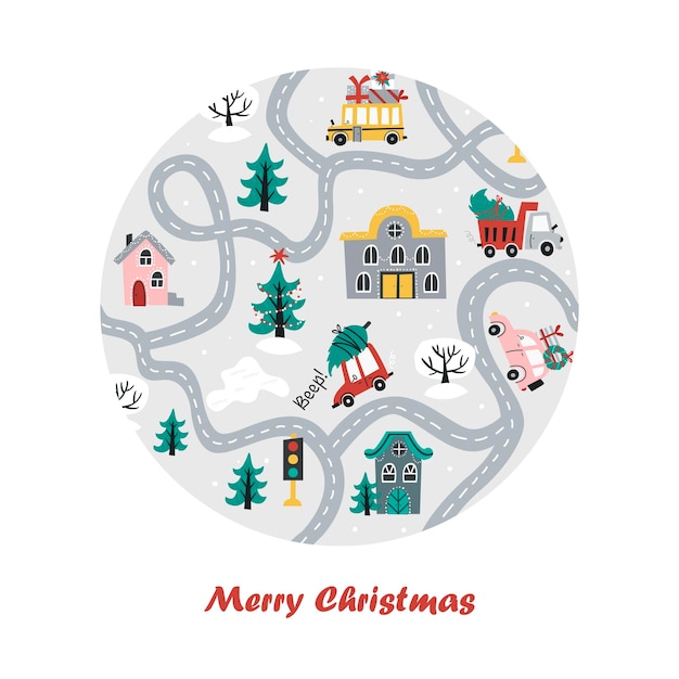 Christmas background with a circle of cars and houses