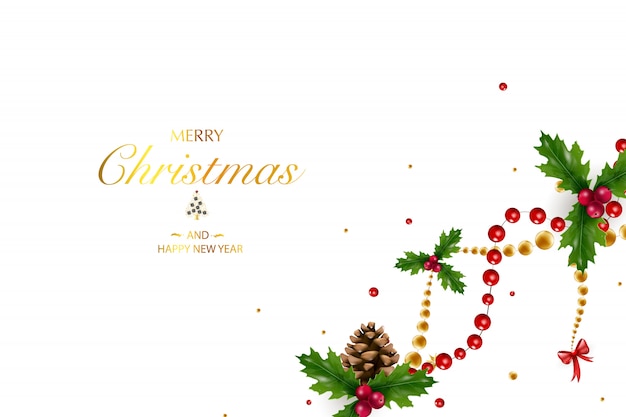 Christmas background with a composition of festive elements such as gold star, berries, decorations for the Christmas tree, pine branches. Chic Christmas background. Merry Christmas and Happy New Year.