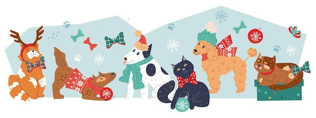 Christmas background with cute animals characters flat cartoon vector illustration isolated