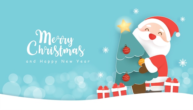 Christmas background with a cute santa clause holding a  christmas tree.