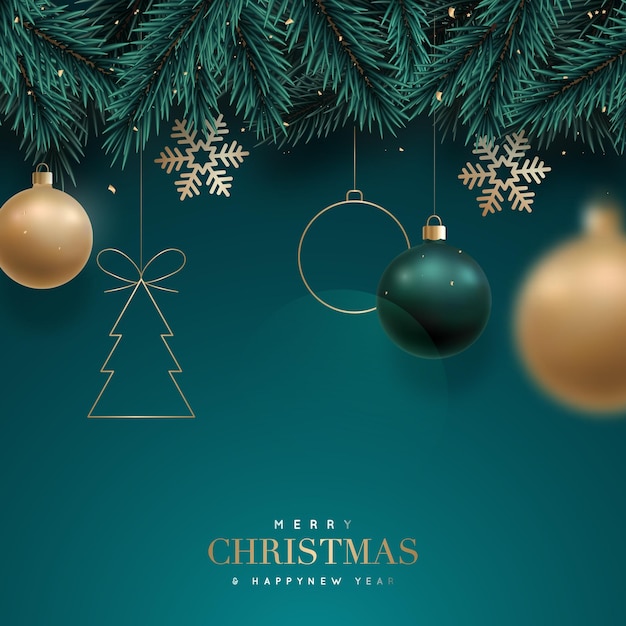 Christmas background with fir branches and balls snowflakes