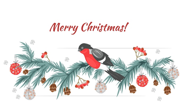 Christmas background with fir tree garland and bird vector isolated