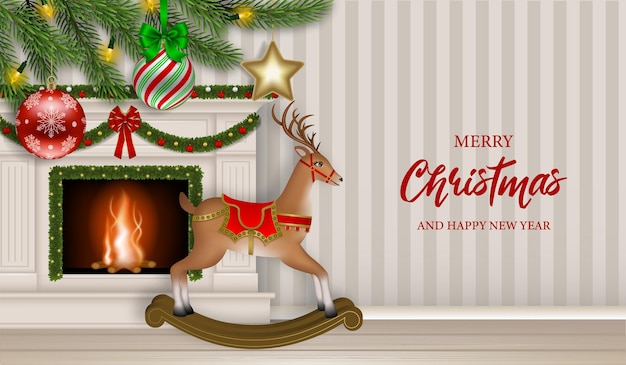 christmas background with fireplace and rocking horse. christmas greeting card