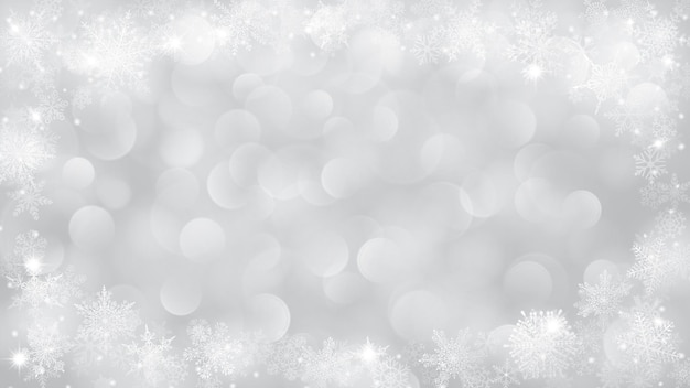 Christmas background with frame of snowflakes in shape of ellipce in white colors and with bokeh effect