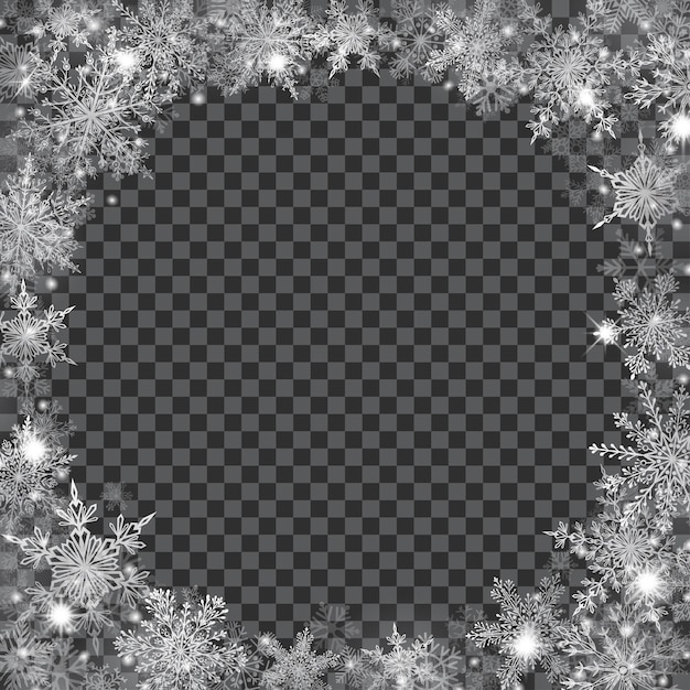 Christmas background with frame of translucent snowflakes in shape of circle in white colors on transparent background. Transparency only in vector file