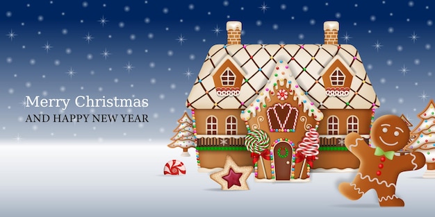 christmas background with gingerbread man and gingerbread  house. christmas card with gingerbreads