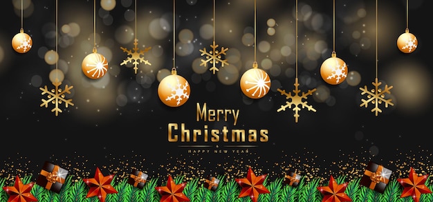 Christmas background with golden Christmas balls or Bubbles and Gift box Premium Vector