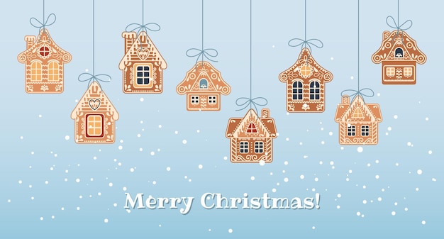 Christmas background with hanging cute gingerbread houses in the snow greeting card template