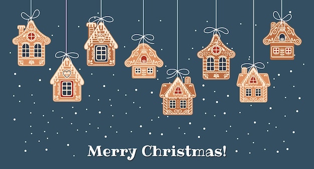 Christmas background with hanging cute gingerbread houses in the snow greeting card template