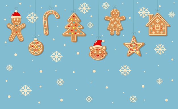 Christmas background with hanging gingerbread cookies. Christmas tree, tiger, ball, star, candy, gingerbread man, gingerbread woman, house.