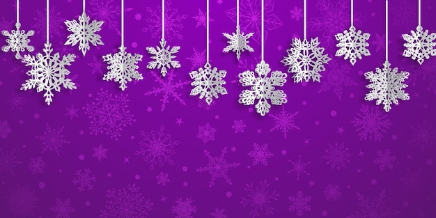 Christmas background with hanging volume paper snowflakes with soft shadows on purple background