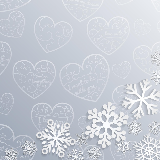 Christmas background with hearts and snowflakes in light blue colors