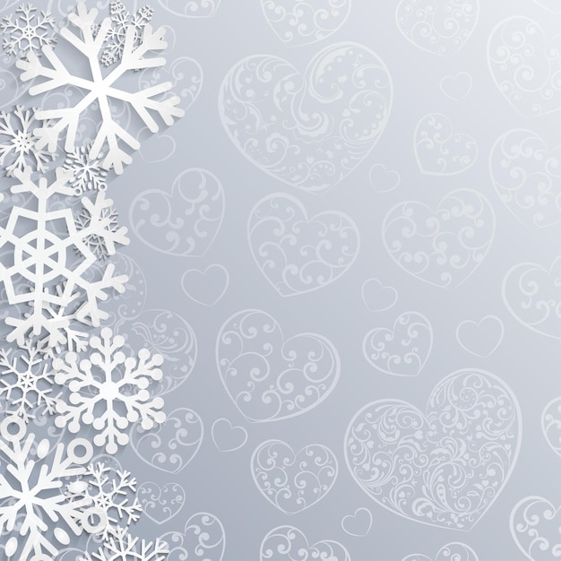 Christmas background with hearts and snowflakes