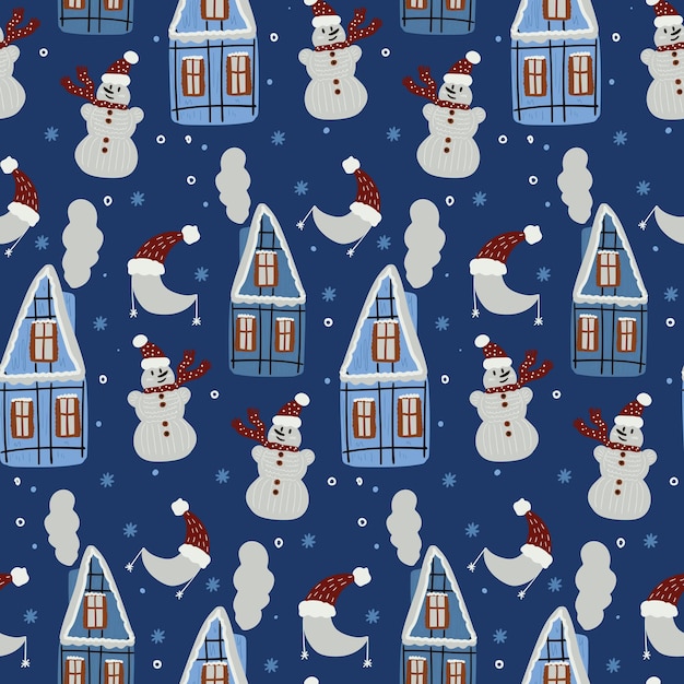 Christmas background with houses and snowman Seamless pattern For greeting cards wrapping papers