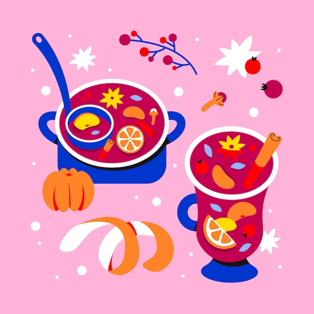 Christmas background with mulled wine, sangria, punch, grog. A saucepan and a glass with red wine an