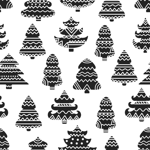 Christmas background with ornamental trees Holiday monochrome seamless pattern