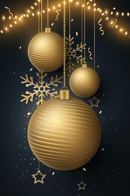 Christmas background with realistic decorations of glittering golden hanging balls confetti snowflakes garland and stars Graphic design for New year banner template or party flyer Vector illustration