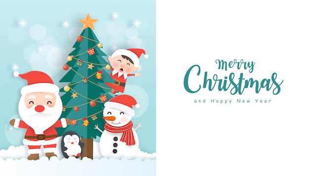 Christmas background with santa claus, friends and copy space in paper cut style.