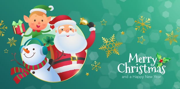 Christmas background with Santa Claus and his companions and Merry Christmas calligraphy