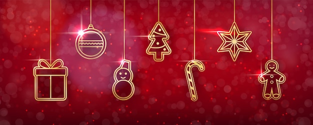 Christmas background with shining golden toys.