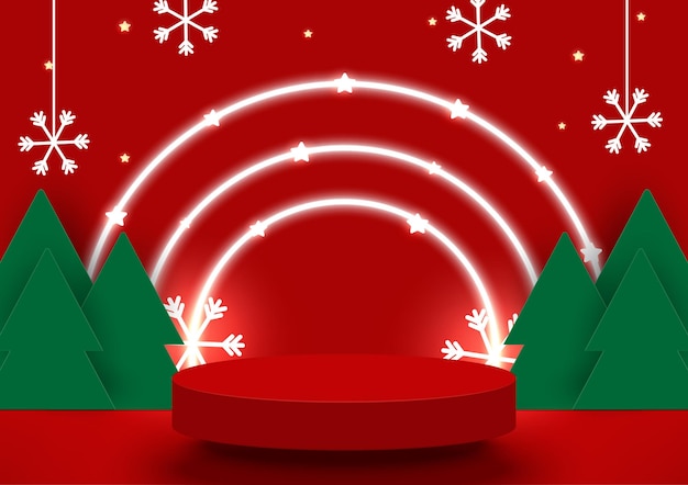 Christmas background with stage podium for product display with neon lighting and festive element