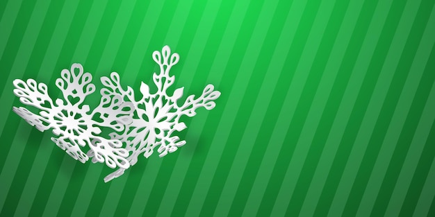 Christmas background with two curved paper snowflakes with soft shadows on green striped background