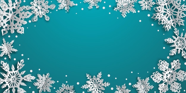 Christmas background with volume paper snowflakes with soft shadows on light blue background