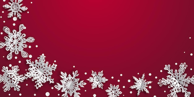 Christmas background with volume paper snowflakes with soft shadows on red background