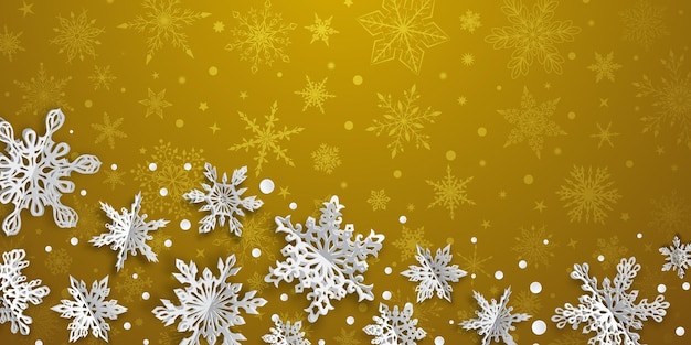 Christmas background with volume paper snowflakes with soft shadows on yellow background