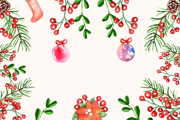 Christmas background with watercolor ornaments and nature