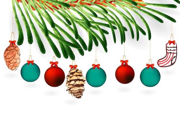 Christmas background with watercolor pine branch  ball and pine cone.