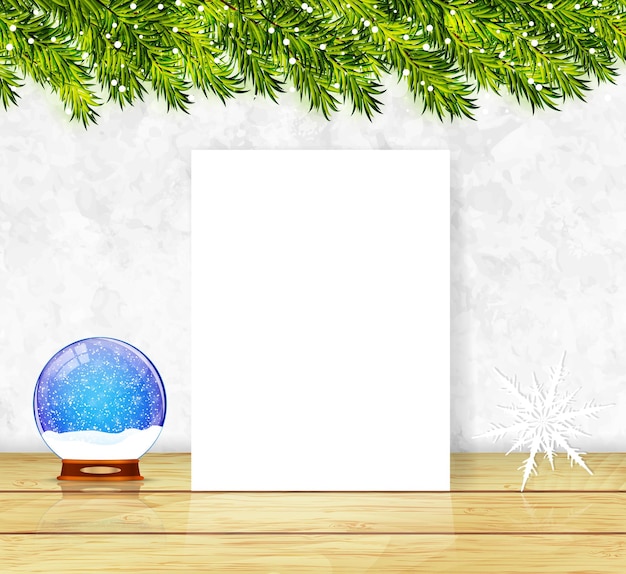 Christmas background with white blank paper and snowglobe vector